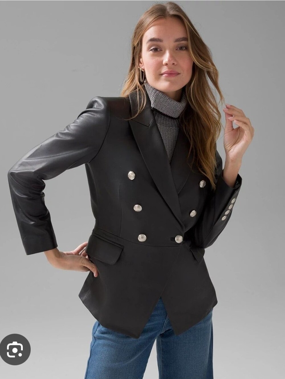 WHBM Studio Black Double-Breasted Women's Leather Blazer